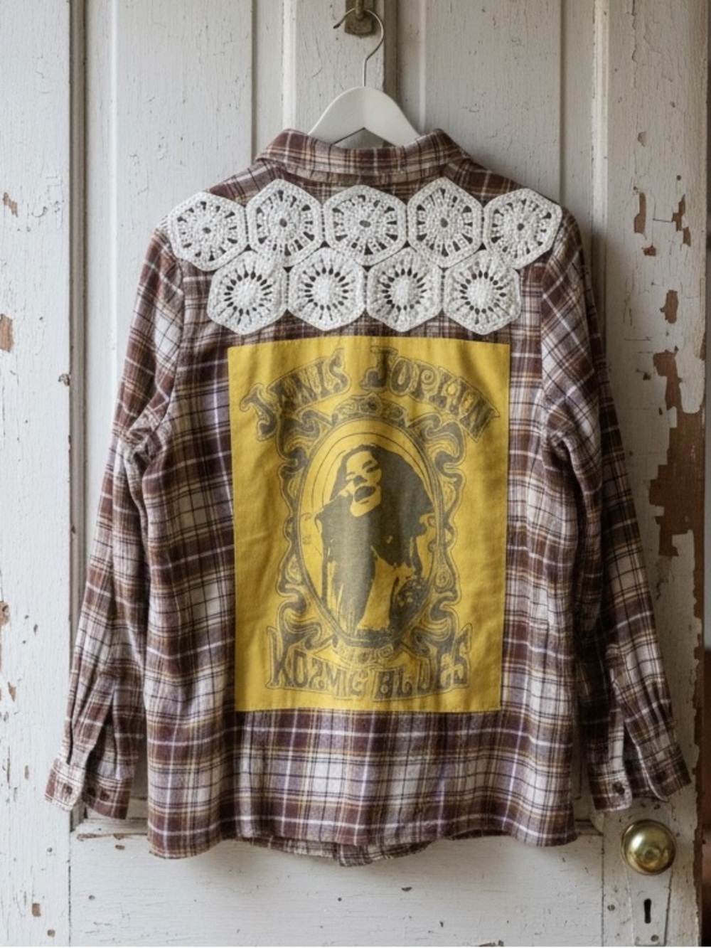 JANIS JOPLIN Upcycled Flannel T Shirt Crochet Band Festival